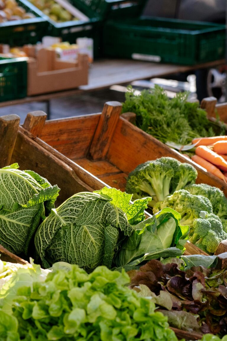 A vibrant display of fresh organic vegetables including cabbage, broccoli, and carrots at an outdoor market.